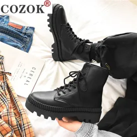 Amozae-- 2024 Winter New Black Thick Base Cloth Mid-Top Boots Men Fall British Trend Boots Hight-Top Korean Casual Men's Shoes Boots