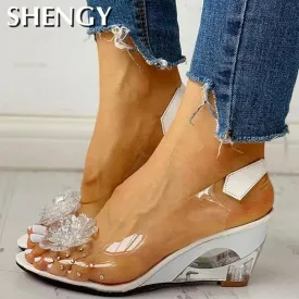 Amozae-Back to College SHENGY Women Sandals Summer Studded Flower Design Transparent Wedge Women Shoes Casual Fashion Slip On Open Toe Ladies Sandals