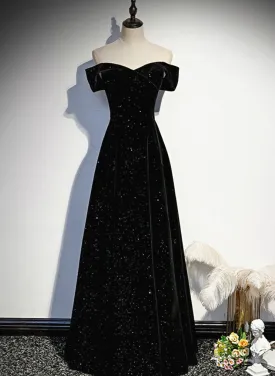 A-line Black Sweetheart Off Shoulder Long Velvet Prom Dress, Black Evening Dress