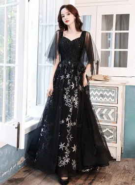 A-line Chic Black Tulle Beaded Long Evening Dress, Black Long Formal Dress