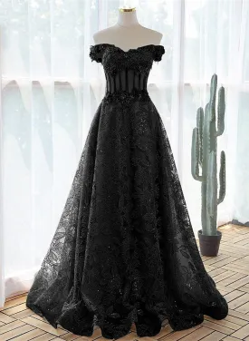 A-Line Off Shoulder Black Tulle With Lace Party Dress Black Long Prom Dress