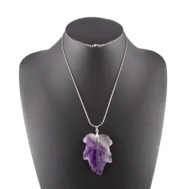 Amethyst Necklace Silver Carved Leaf