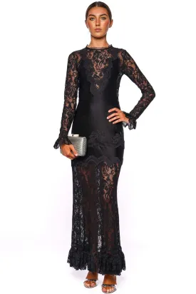 Black Lace Long Sleeve Ruched Midi Dress