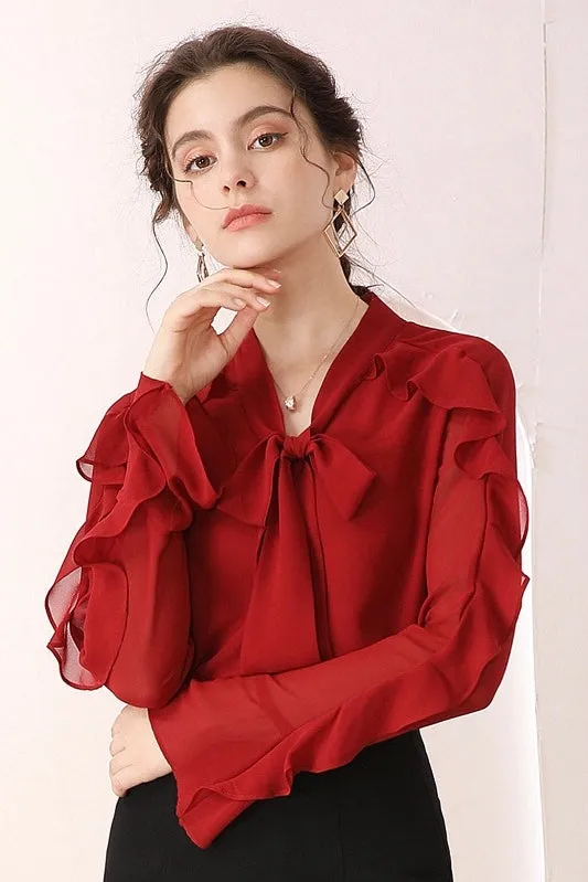 Blouse W/ Bow Tie and Ruffled Sleeve