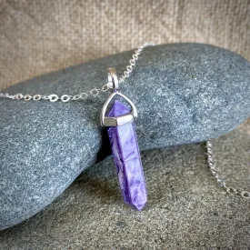 Charoite Double Point Pendant, Sterling Silver Setting, Siberian Stone