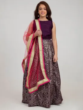 Girls Purple & Pink Ready To Wear Lehenga & Blouse With Dupatta