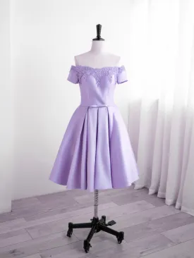 Light Purple Satin Short Party Dress with Lace, Cute Short Homecoming Dress