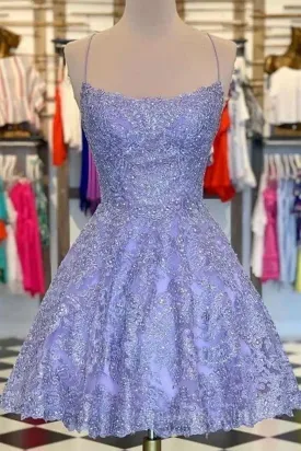 Princess Beaded Purple Lace Prom Dress Short Purple Lace Homecoming Dress Purple Formal Evening Dress