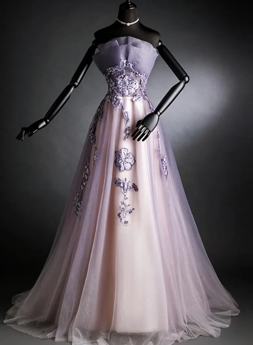 Purple Tulle Long Gradient Party Dress with Flower Lace Applique, Light Purple Prom Dresses