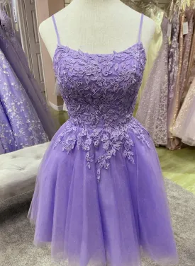 Purple Tulle with Lace Short Straps Homecoming Dress, Purple Short Prom Dress