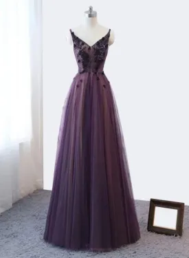 Purple V-neckline Tulle Lace Applique Party Dress Purple Formal Dress Prom Dress