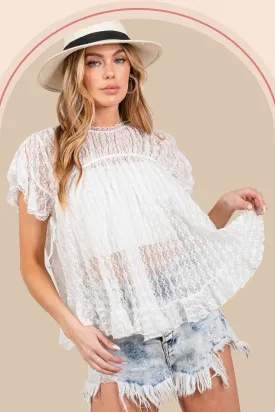 SAGE   FIG Round Neck Short Sleeve Lace Blouse