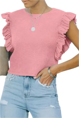 TEEK - Blush Pink Ruffled Neck Cap Sleeve Blouse