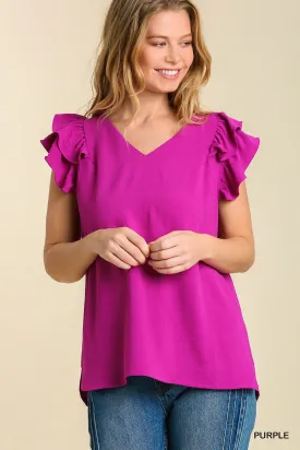 V-Neck Double Layered Flutter Sleeve Blouse with No Lining