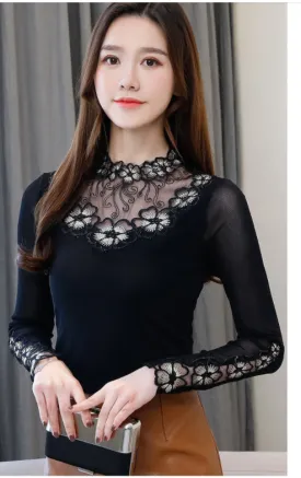 Women Rhinestone Hollowed Cut Out Embroidered Long Sleeve Blouse